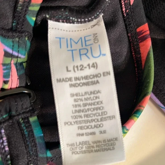 Time & Tru One Piece Swim Suit Black, Purple, Pink, green Floral print Sz 12-14 - Picture 4 of 8